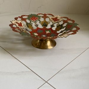 Solid Brass Multicolor Enamel Footed Bowl Cloisonné Cutout Sides